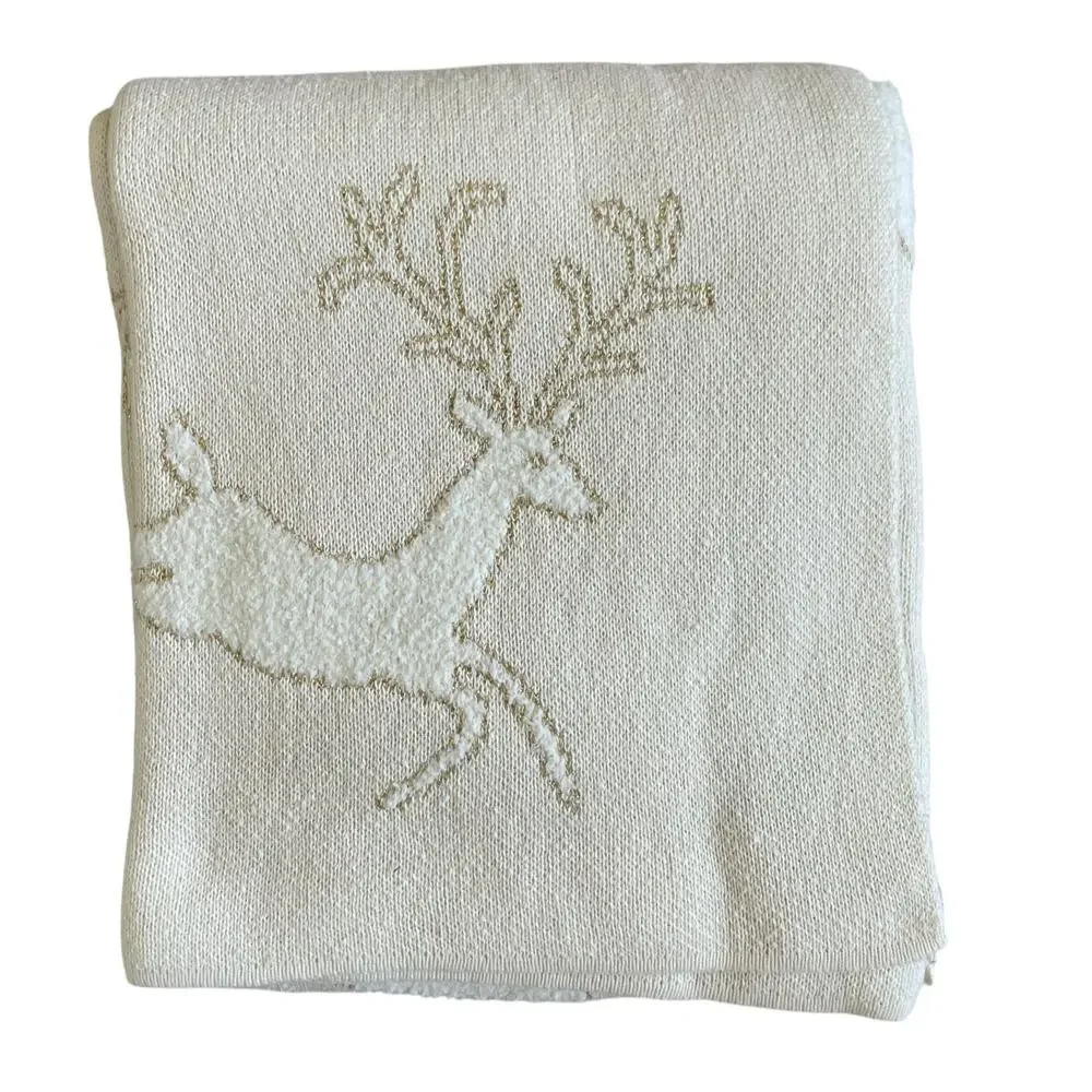 Magaschoni CHRISTMAS Reindeer Knit Holiday Throw 50x60 Holiday Cream & Gold New